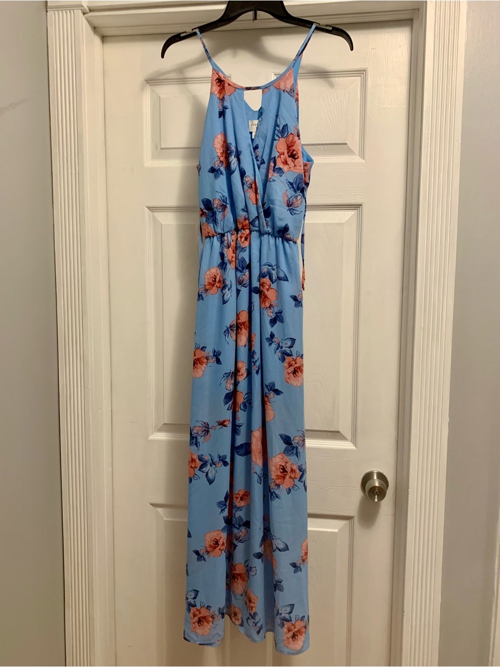 Everly Light Blue Floral Maxi Dress with Peach Blossoms